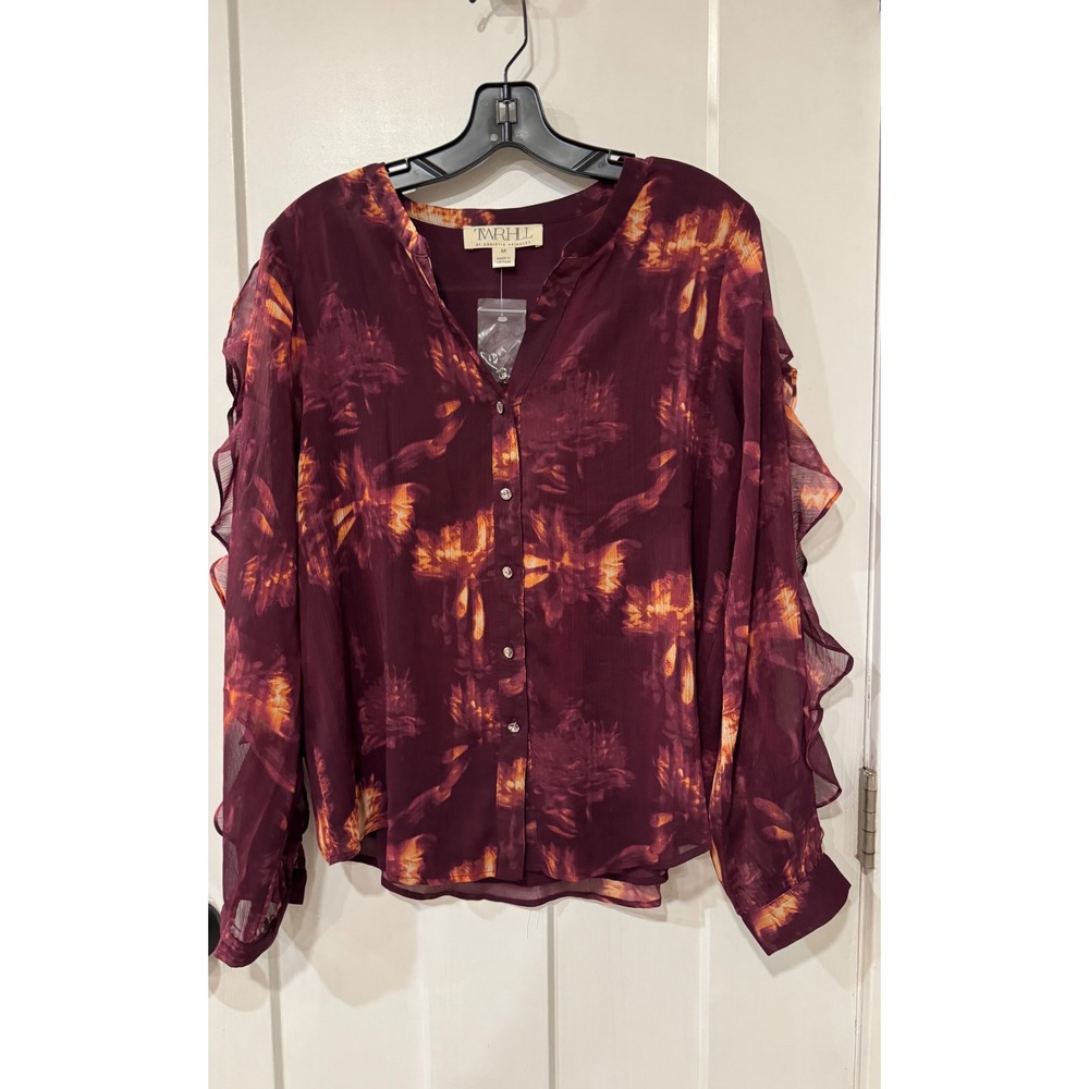 TWRHLL Christie Brinkley Burgundy Floral Ruffle Sleeve Blouse Size M 878860-WIN